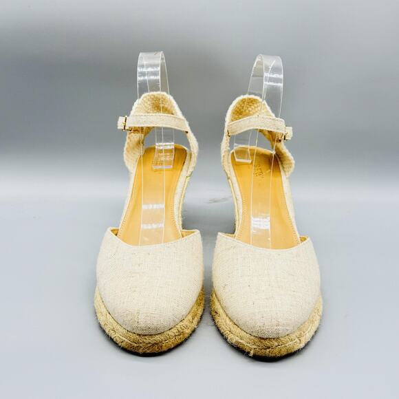 J Crew Sandals Womens 9.5 Beige Canvas Espadrille Wedge Closed Toe Ankle Strap - Picture 3 of 12